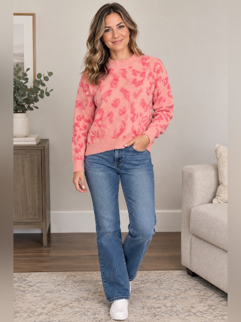 SHEIN Pink Two-Tone Animal Print Mock Neck Sweater